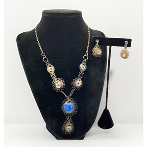 Vintage Wirework Necklace & Earrings Set Blue Glass Cabochons 17” w/ 2” Drop